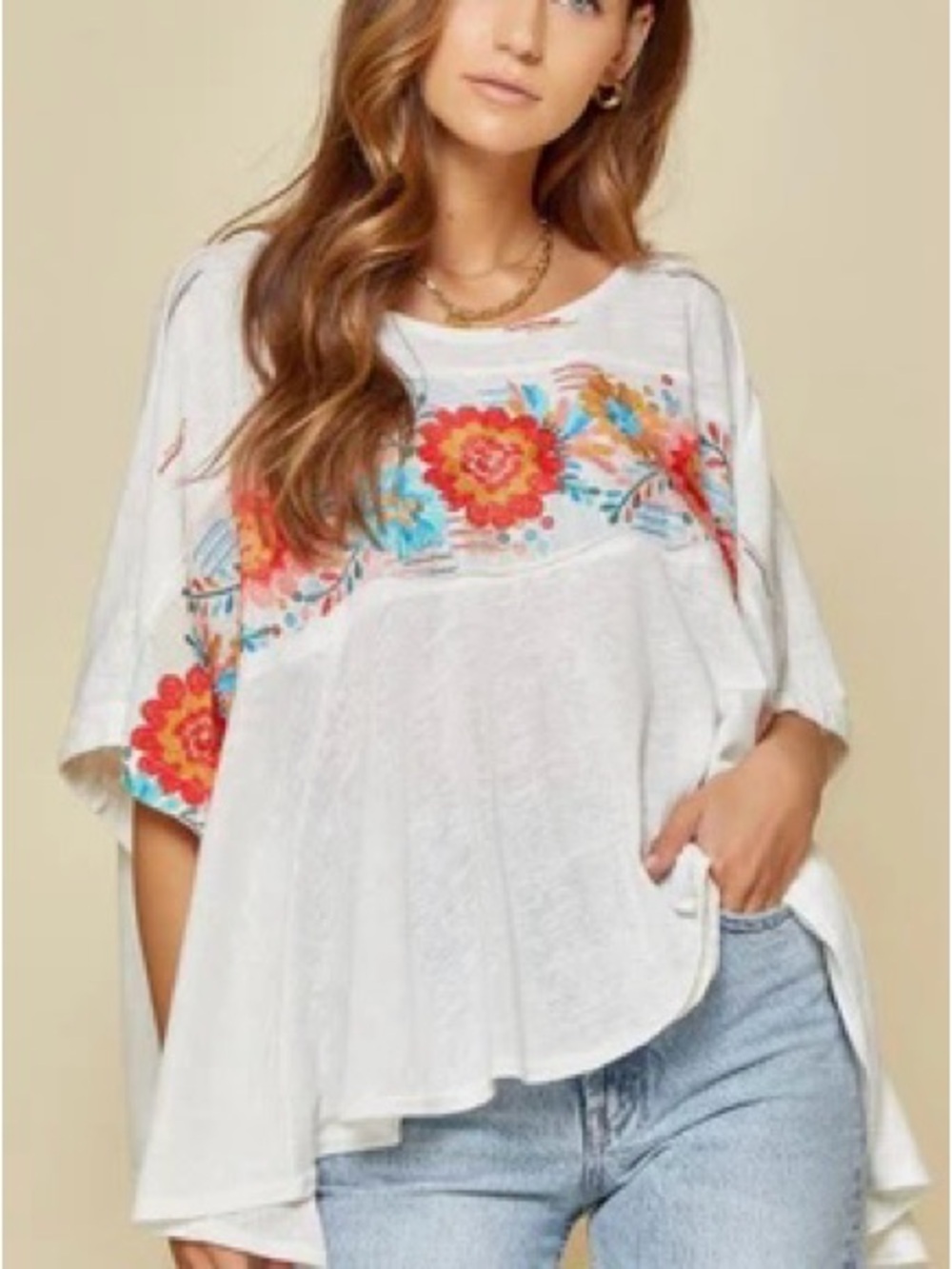Savanna Jane White Floral Embroidered Poncho Top-Size S/M